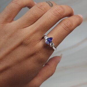 Simulated Tanzanite & Lab Grown Diamond Pear Round ring .925 Sterling Silver